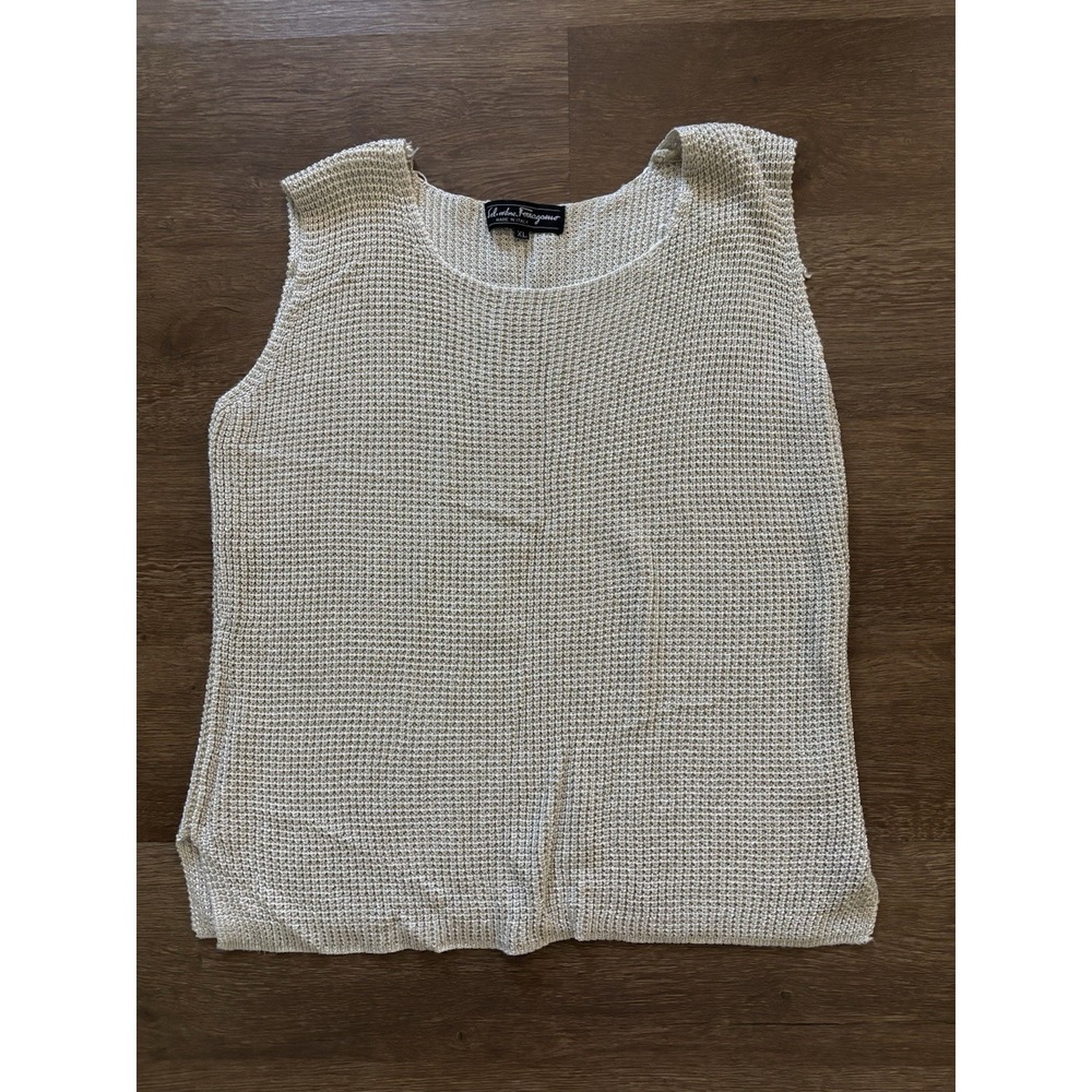 Salvatore Ferragamo Womens XL Silk Cable Knit Sleeveless Top Tank Metallic White